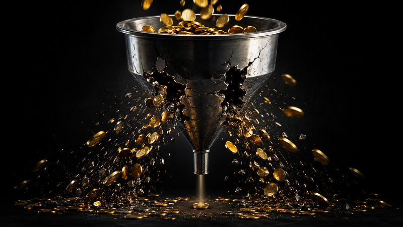 Golden ad spend coins leaking through a cracked metallic funnel, visually representing the concept of conversion friction and wasted marketing budget on a broken website.