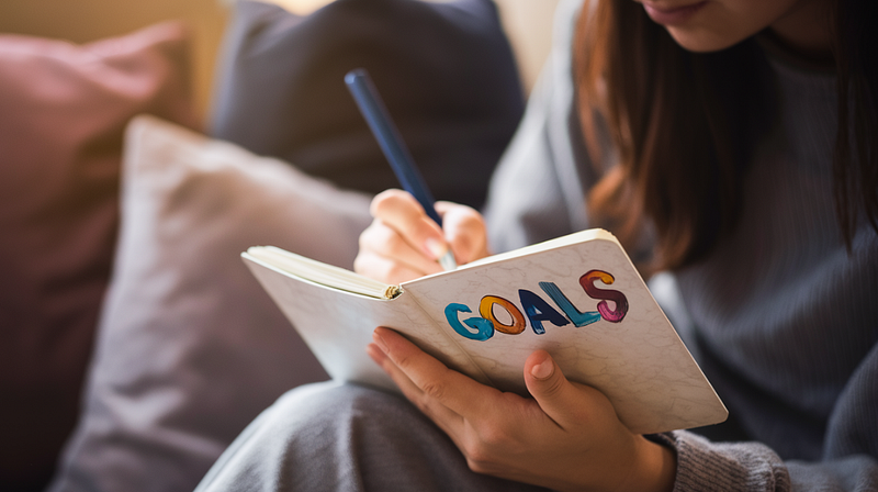 A person writing in a journal with the word “GOALS” written across the cover