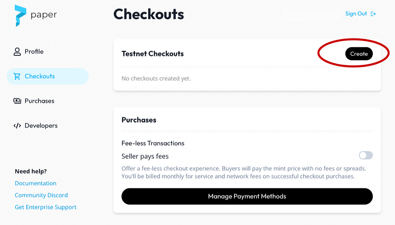 Create a Paper checkout on the testnet