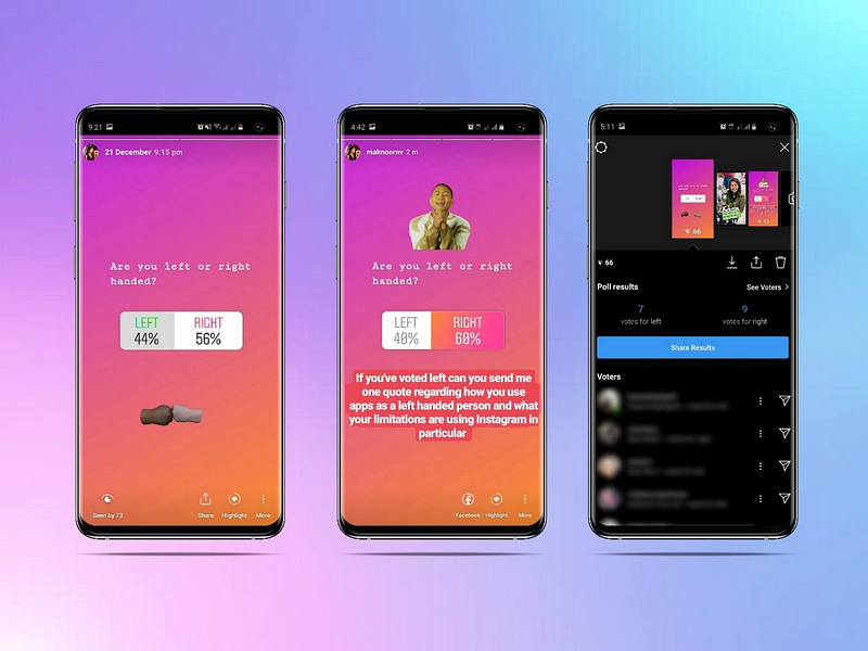 Image of three screens showing an Instagram poll and results