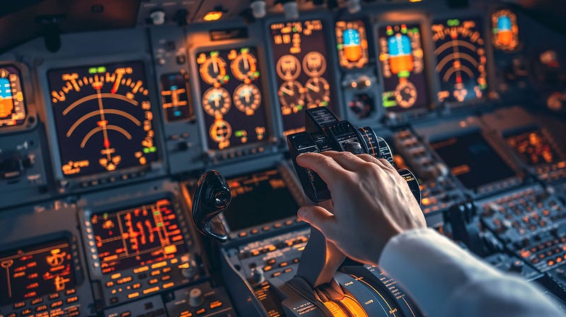 A close-up image of an airplane cockpit, showing an illuminated flight deck filled with numerous digital screens and flight instruments. The image focuses on a hand reaching for the throttle, surrounded by a variety of brightly lit controls and displays, illustrating the environment where pilots manage the aircraft and their instruments.