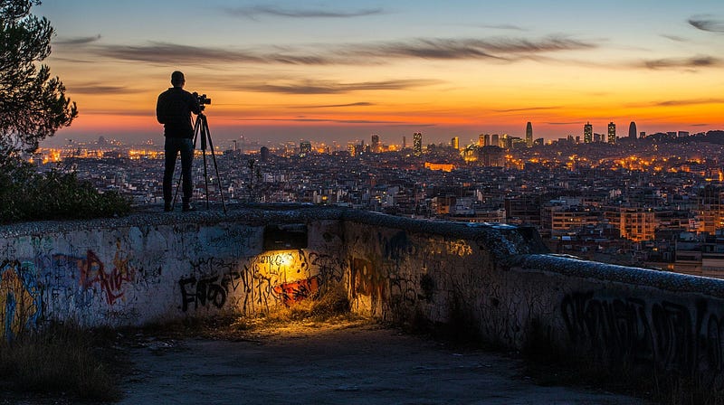 A silhouette of a photographer with a tripod captures a cityscape at sunset. The city skyline glows with lights against an or