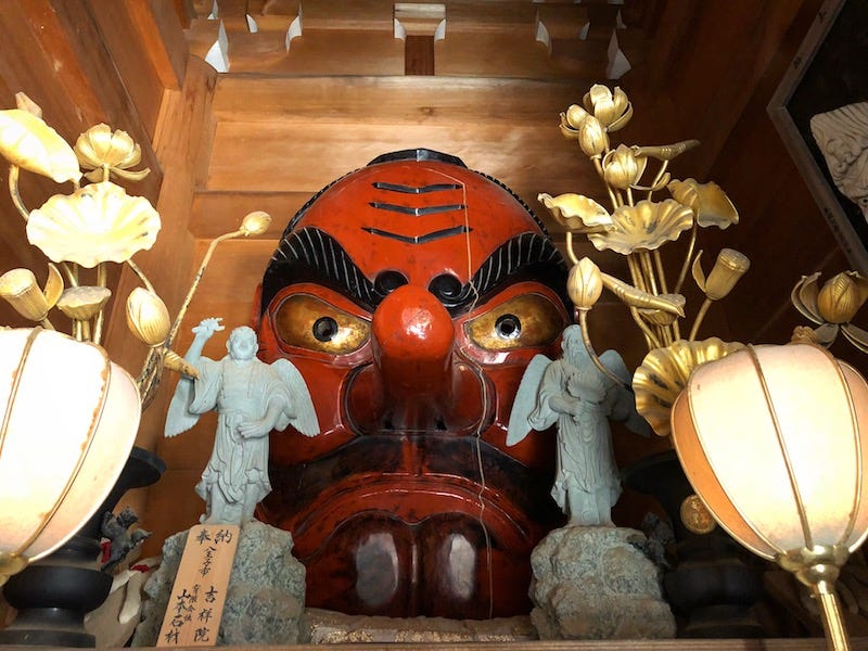 A tengu mask at Yakuo-in on Tokyo’s Mt. Takao