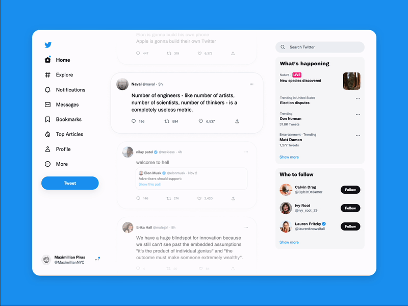 A redesign of Twitter’s home feed indicates which Tweet a user is focusing on.