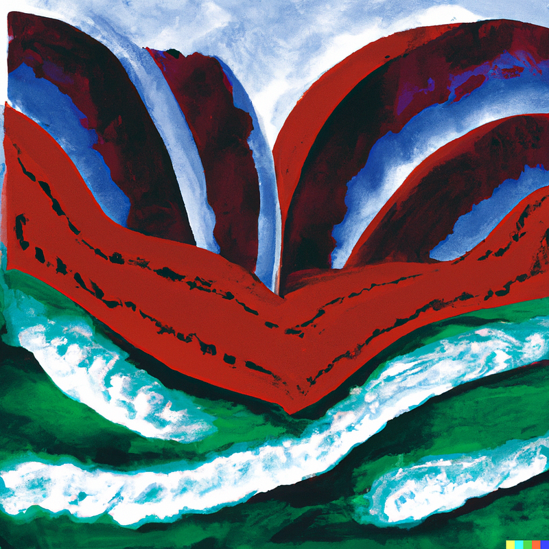 An art brut illustration of rolling ocean waves, blue, red, and earth tones with a bit of green.