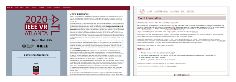 Conference website example screenshots — IEEE VR 2020 and Accessibility Camp