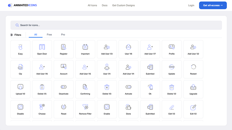Animated SVG icons with simple embed codes. Best for quick motion accents on landing pages.