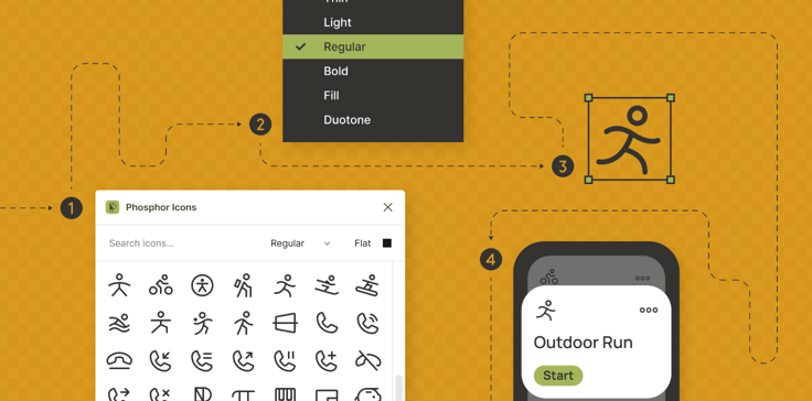 A focused library of 1,500+ icons in six weights (thin, light, regular, bold, fill, duotone).