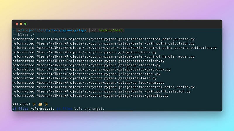 A screenshot showing the terminal after running black on the command line on the demo project.