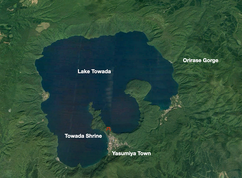 Map of Lake Towada showing the shapes of the 2 crater lakes that formed it.