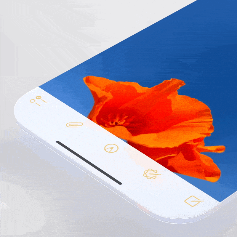 Close-up of an interface corner showing a semi-transparent, pill-shaped Liquid Glass toolbar overlay with icons, layered over a vivid photo of an orange flower against a blue sky. Gif-animation.