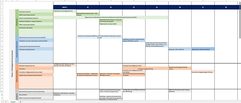 Image of an excel sheet showing a roadmap of action to implement UX research processes.