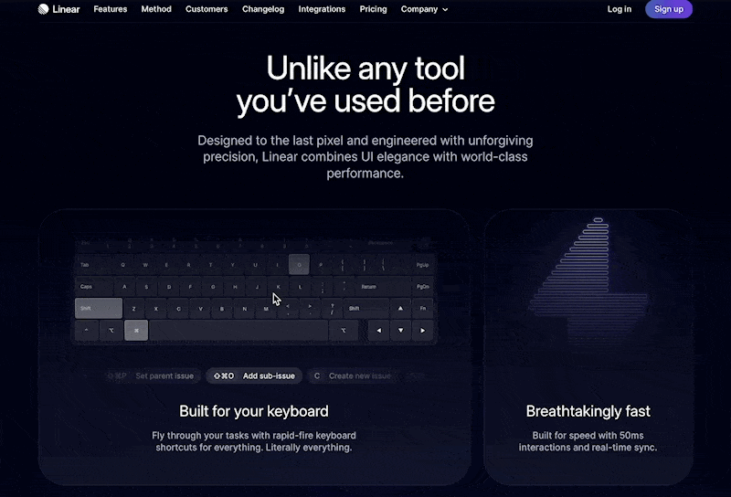 An animated GIF depicting a screenshot of a Linear's website section. The section has an virtual keyboard that animates and responds to user's typing.