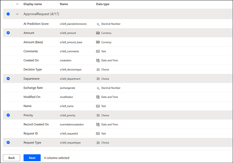 AI Builder prediction model configuration screen in Power Automate