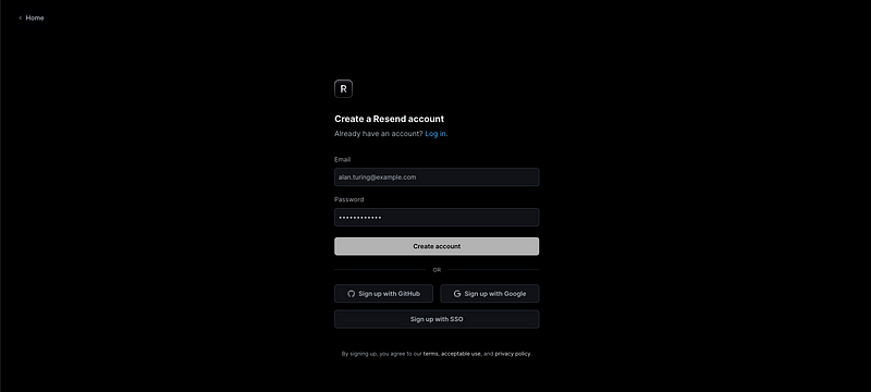 RESEND signup page