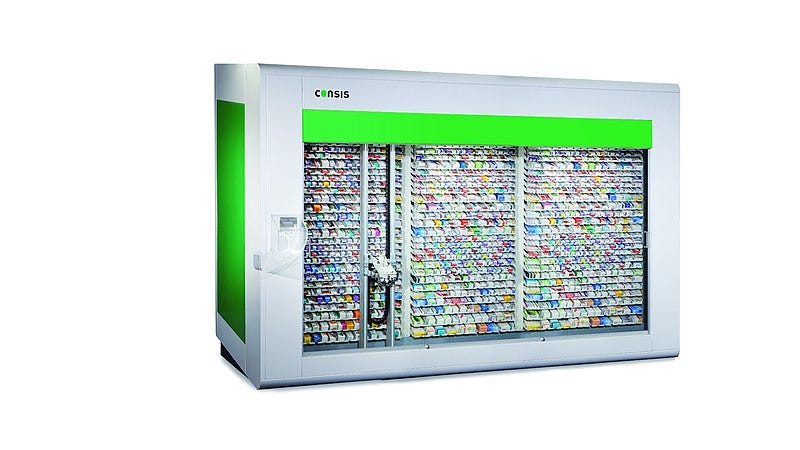 A massive machine storing prescription medicines.