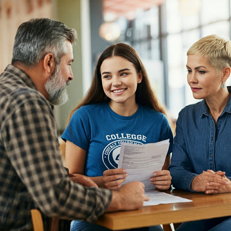 Image from Gemini of a girl talking with her parents about college