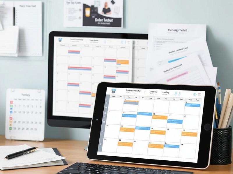 An organised workspace featuring a digital calendar and scheduling templates, symbolising productivity and efficient time management.