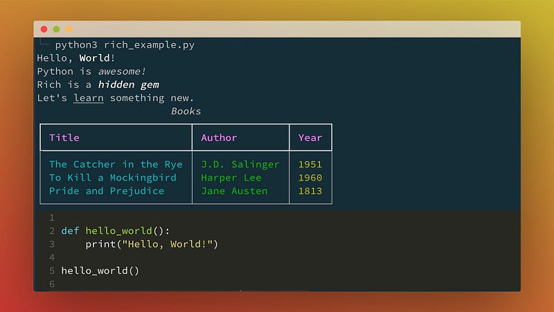 A screenshot of the result of running the Rich example, shows formatted text (bold, italic), a table with sample data, and a code example.