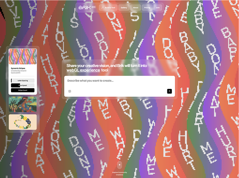 BRIK interface showcasing a colorful generative WebGL design tool with fluid striped patterns, glassmorphism UI panels, and an input area for creating interactive visual experiences