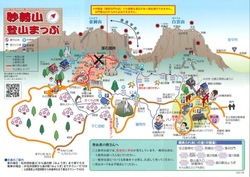A map of all the course that you can hike to the various peaks of Mount Myogi