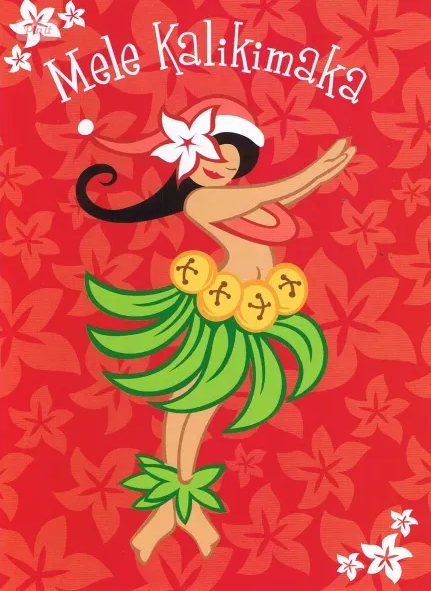 Hula dancer with greeen palm trees and coconuts dancing. Red background with lotus flowers.