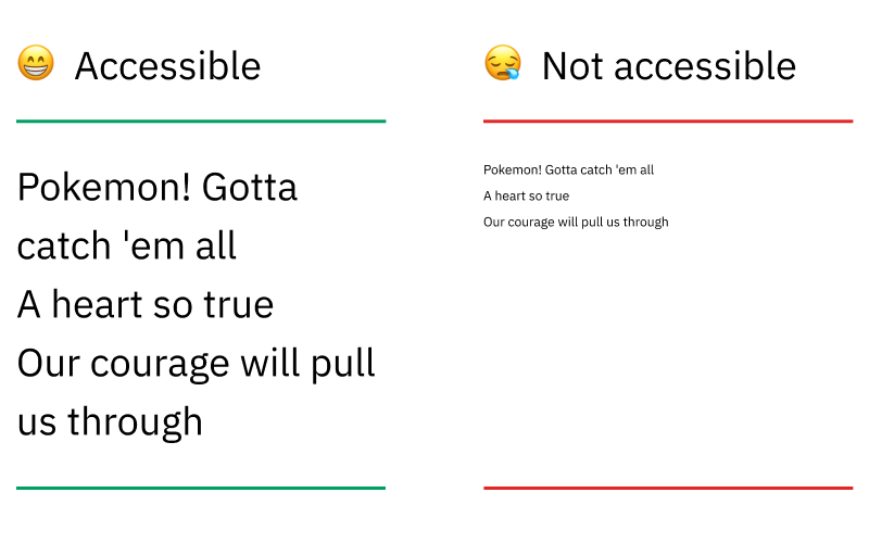 Graphic image comparing [😁Accessible] option on left with big text and [😪Not accessible] option on right with small text.