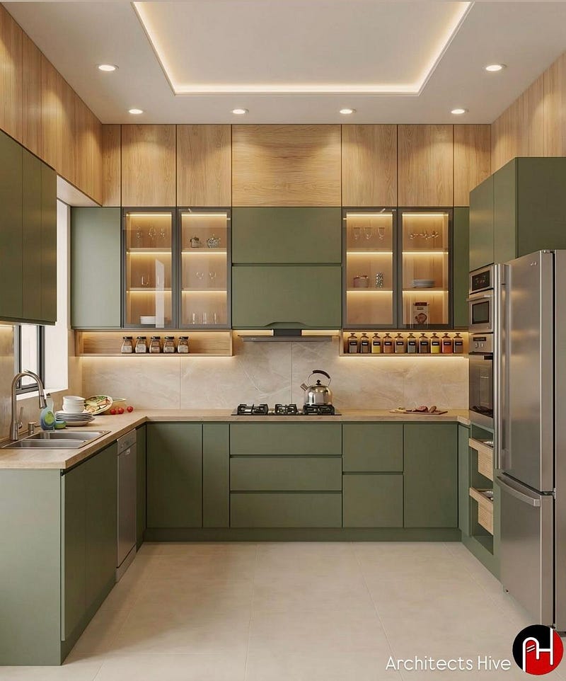This elegant modular kitchen features a contemporary design highlighted by olive green cabinetry, warm wooden wall panels, and soft ambient lighting. Glass display cabinets with integrated LED lights add sophistication while enhancing functionality. The L-shaped layout maximizes space efficiency, complemented by built-in appliances and organized storage solutions.