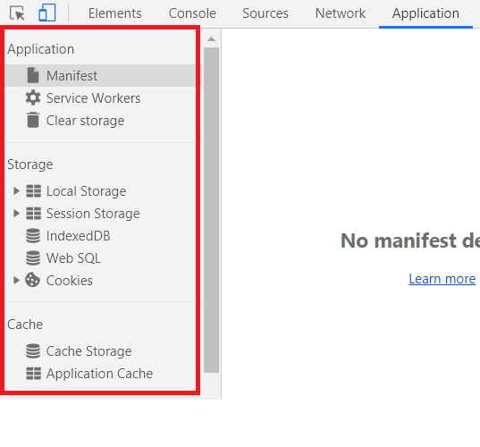 Application tab of developer tools stores information about local data, cookies and service workers