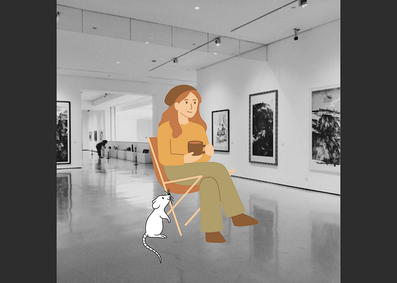 Gallery of photographs with cartoon image of a woman in a chair and a cartoon mouse