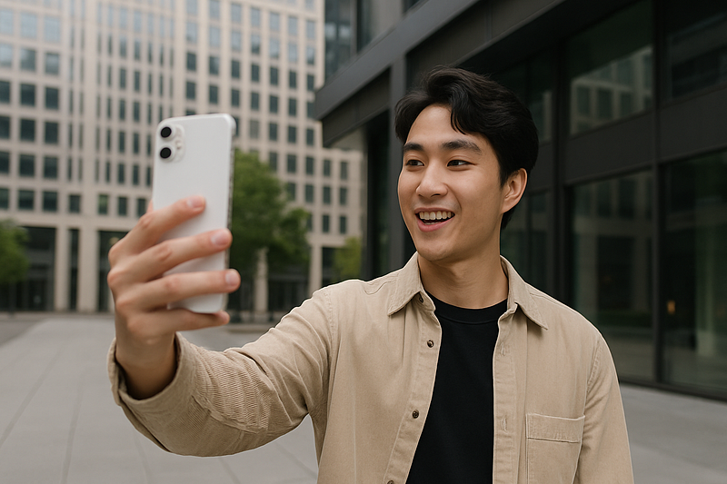 A young man smiling while recording a video on his smartphone outdoors in a modern city environment.