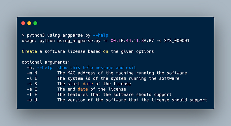 A screenshot showing the help screen argparse provides
