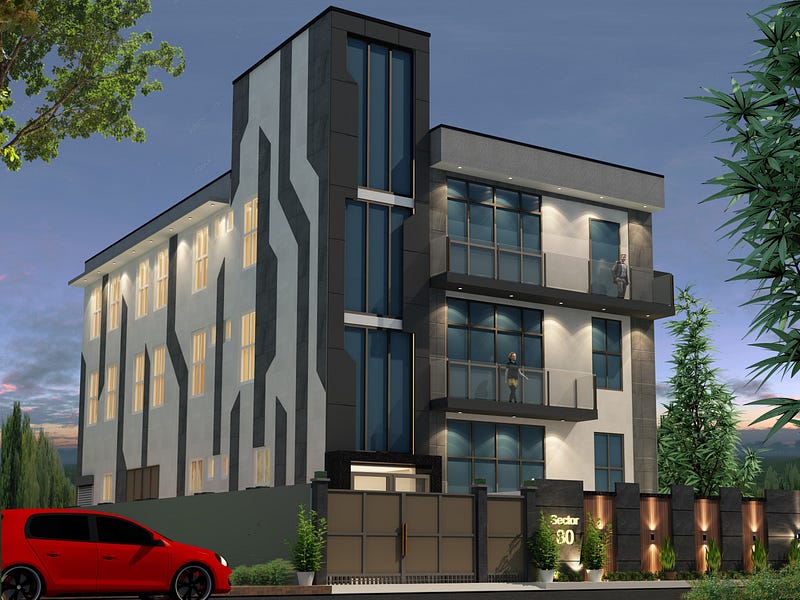 This contemporary multi-storey building elevation features a sleek modern façade with clean geometric patterns, large glass windows, and elegant balconies. The design combines neutral tones with accent lighting to enhance depth and visual interest. Ideal for mixed-use or residential apartments, this architectural concept emphasizes natural light, functional balconies, and a premium urban appeal, making it a perfect example of modern building design.
