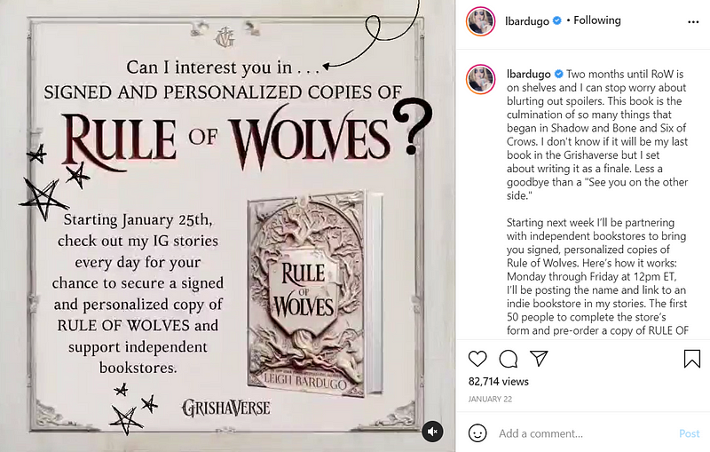 Bardugo’s post on how to secure a signed copy of their book