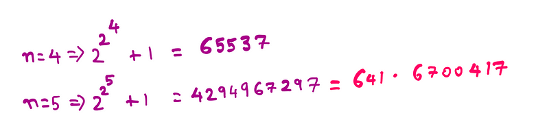 Proving the strong law of small numbers: For n = 4, a = 65537 (prime). For n = 5, a = 4294967297 (not prime). 4294967297 = 641*6700417