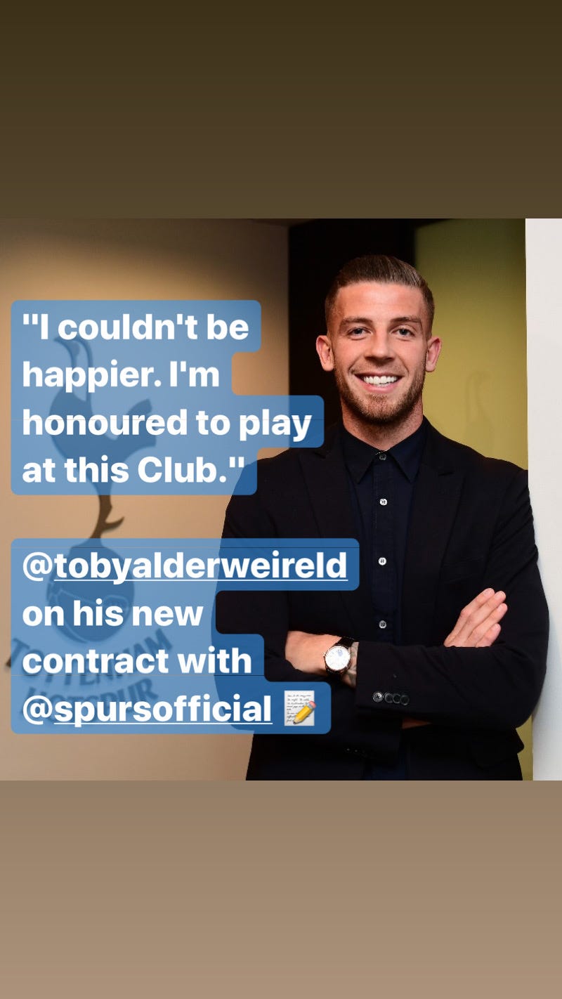 Instagram Story about Toby Alderweireld signing a new contract at Tottenham