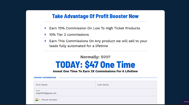 Promotional banner for a profit booster program offering 70% commissions on products, automated lifetime earnings, and a special one-time $47 offer (down from $297). Contact form included.