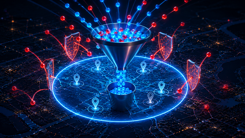 Abstract tech visualization of a data filtering funnel surrounded by a digital shield, showing red and blue location markers to represent filtering out bad Facebook ad targeting data
