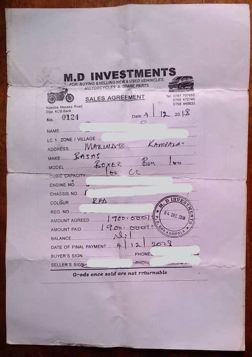 An agreement to sell a used bike previously on kibaluwa.