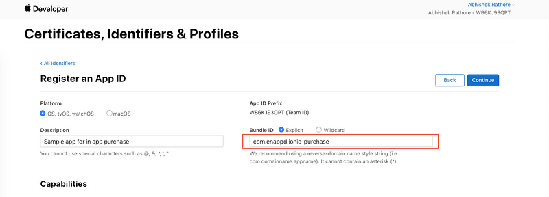 App store- Enter the bundle ID to create an identifier