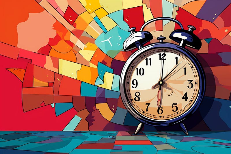 A pop art illustration of a clock with a multi-colored background