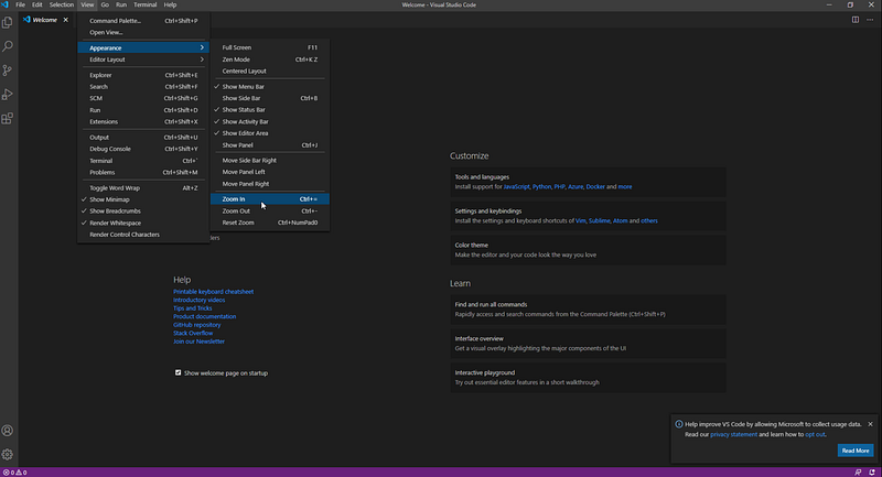 How to Zoom in and Zoom out for Visual Studio Code (Make the fonts larger or smaller)