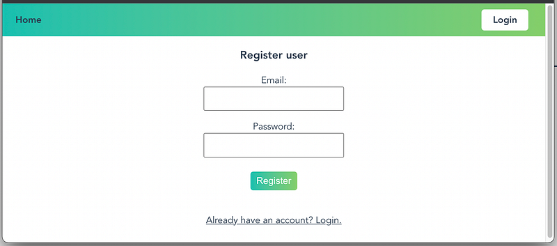The screen shows two input fields, one for the email and another for the password. A register button is available to register the user.