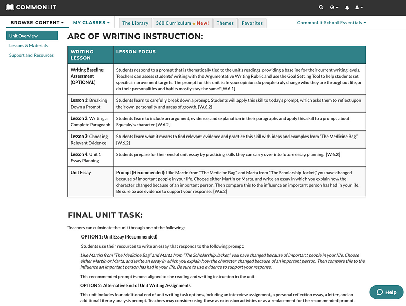 An example arc of writing instruction for a CommonLit 360 lesson, including names of lessons and lesson focus.
