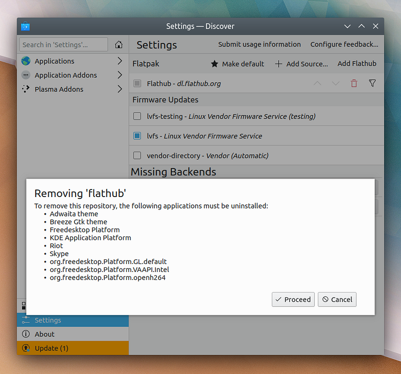 Removing a Flatpak repository in Discover. (Credit: kde.org)