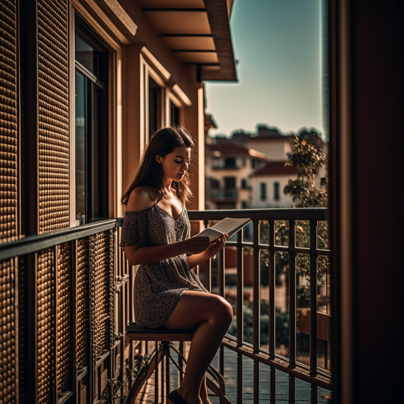 A woman reading a book in her balcony.