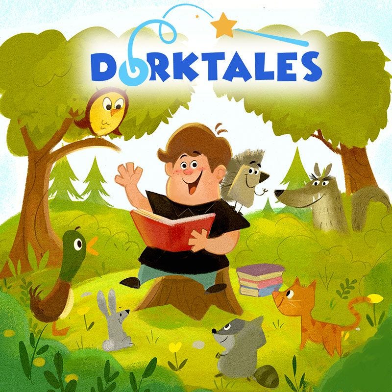 Dorktales Storytime podcast cover art featuring an illustrated depiction of host Jonathan Cormur and animal characters from the show who are listening to him read. He is waving his hand, and they are in a forest setting. Illustration is by Arthur Lin.