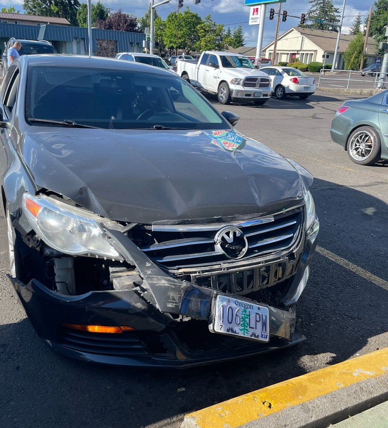 My Volkswagen CC after the crash, crunched to bits.