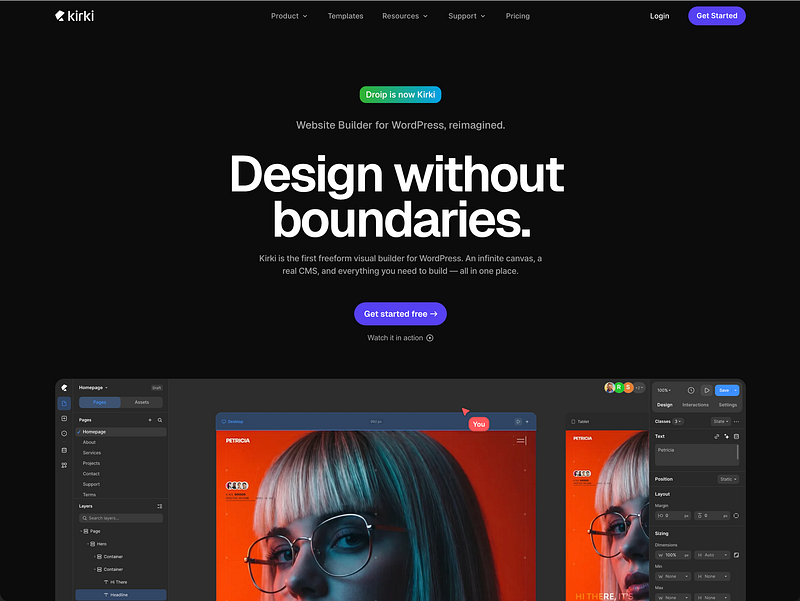 Kirki website builder landing page featuring bold minimalist typography on a black background, promoting a freeform WordPress design platform with a modern visual editor interface
