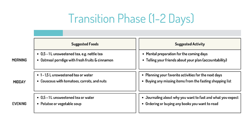 Meal suggestions and activities for the transition phase.
